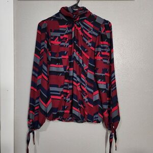 Allison Joy Red Multicolor Geometric High Neck Printed Tie Sleeve Blouse Size S